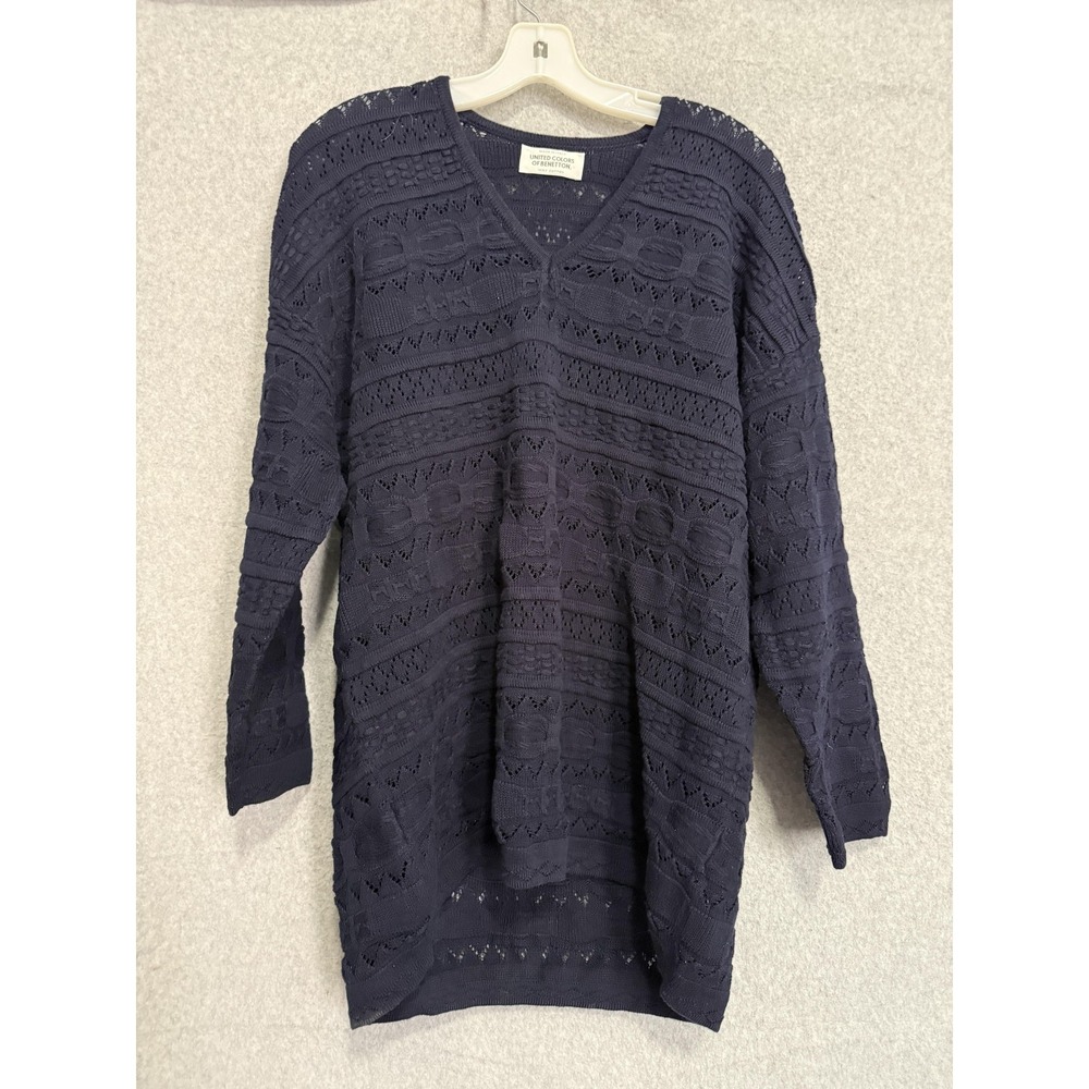 United Colors Of Benetton Sweater Tunic Womens Small Blue V Neck Open Knit Italy
